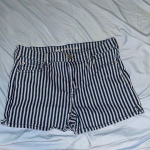 American Eagle blue and white striped shorts.